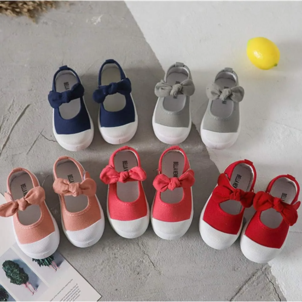 Kid Girls Bowknot Canvas Shoes Soft Sole Ballet Dancing Shoes Mary Jane Flat Sneakers for Toddler Sneakers School Uniform Dress Shoe