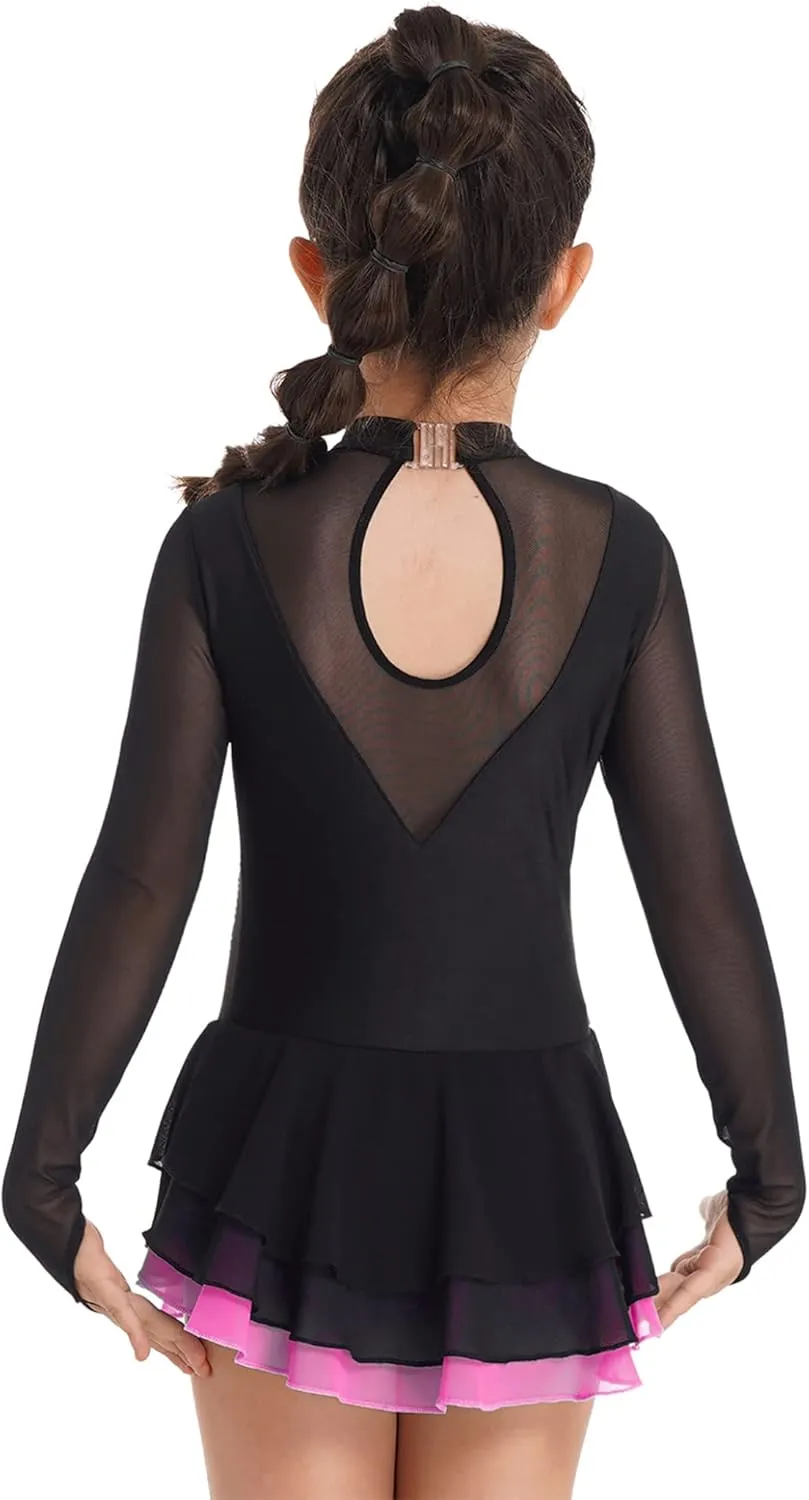 Kids Girls Long Sleeve Sequins Printing Ice Roller Figure Skating Dress Illusion Ballet Dancewear