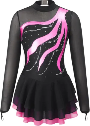 Kids Girls Long Sleeve Sequins Printing Ice Roller Figure Skating Dress Illusion Ballet Dancewear