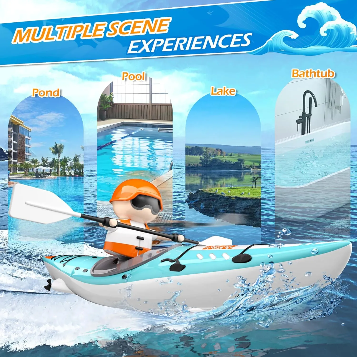 Kids RC Kayak Boat Toy,2.4 Ghz Remote Control Paddle Boat Toys,Toddler Water Racing Boat W/Light for Pools,Lake,Bathtub Summer Outdoor Water Toys Gift for Ages 6-12 Boys Girls