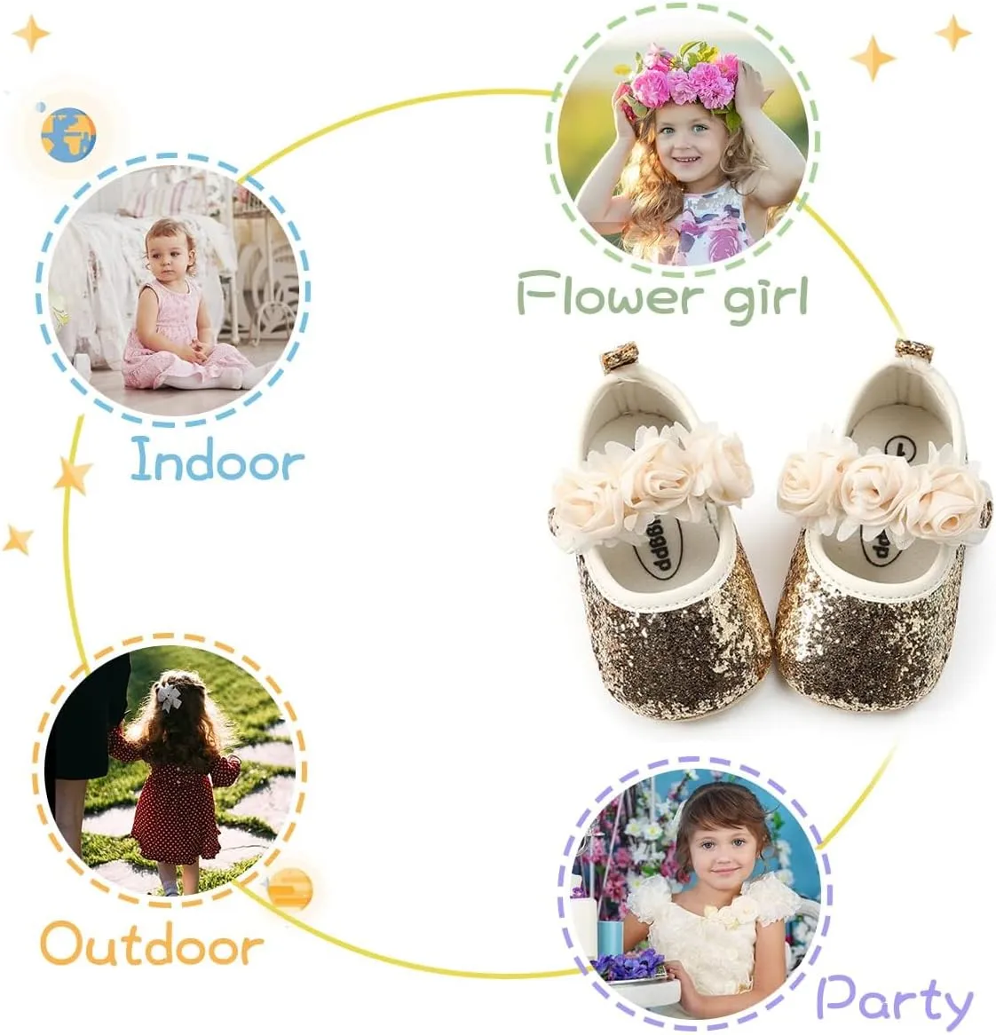 KIDSUN Infant Baby Girls Mary Jane Shoes Non-Slip Rubber Sole Ballet Slippers Princess Dress Wedding Shoes Newborn Crib Shoes First Walkers Shoes