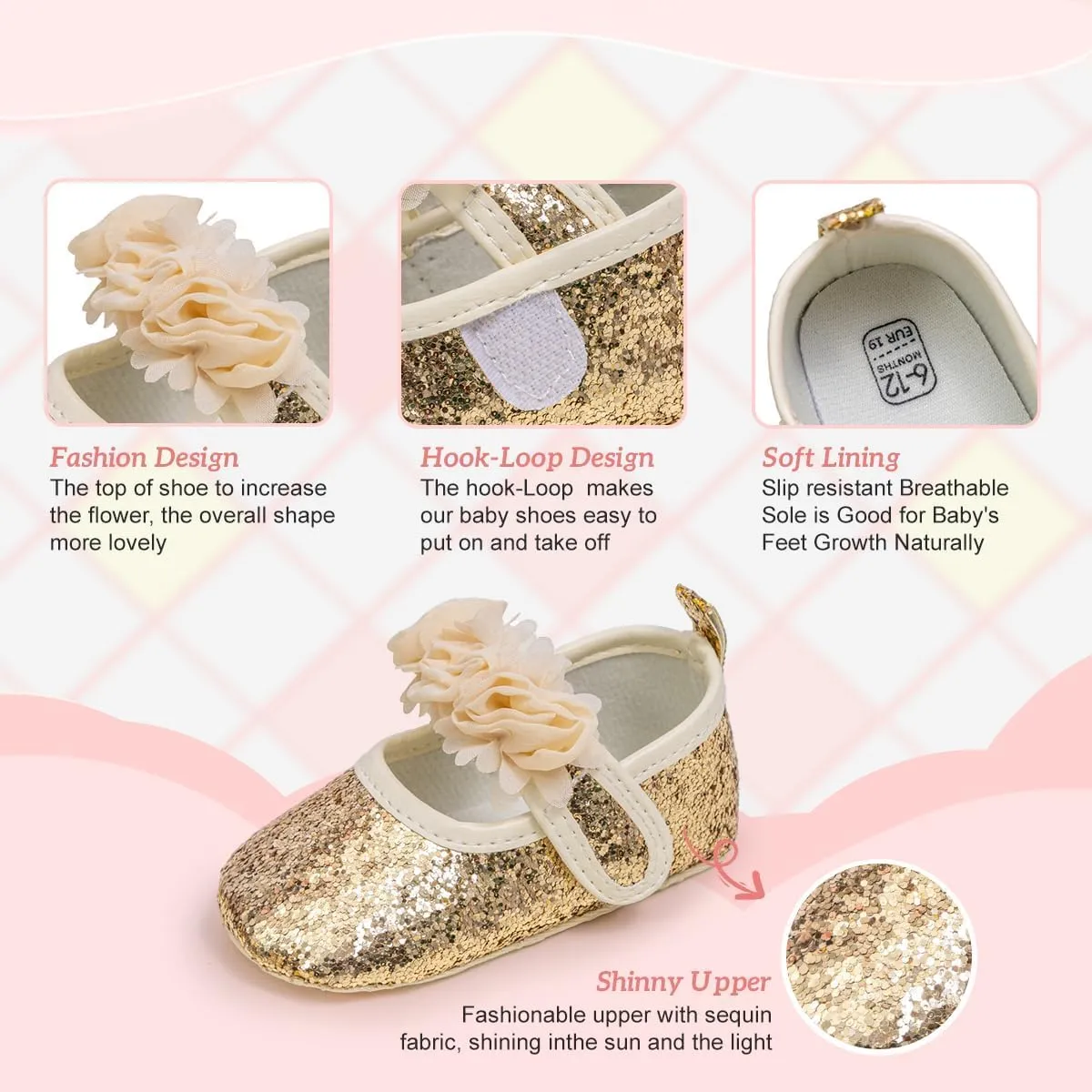 KIDSUN Infant Baby Girls Mary Jane Shoes Non-Slip Rubber Sole Ballet Slippers Princess Dress Wedding Shoes Newborn Crib Shoes First Walkers Shoes