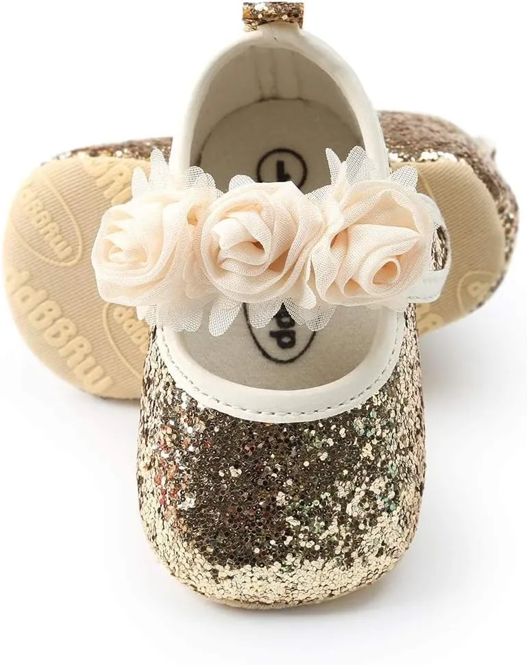 KIDSUN Infant Baby Girls Mary Jane Shoes Non-Slip Rubber Sole Ballet Slippers Princess Dress Wedding Shoes Newborn Crib Shoes First Walkers Shoes