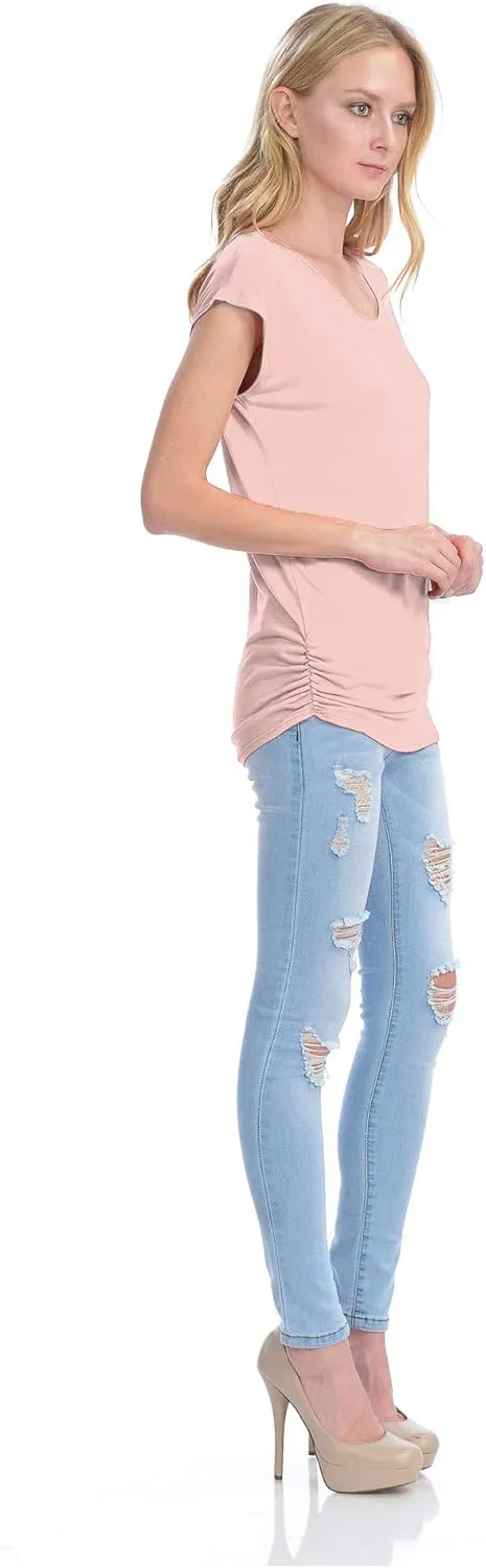 KOGMO Womens Short Sleeve Solid Basic Tunic Top Tee with Side Shirring