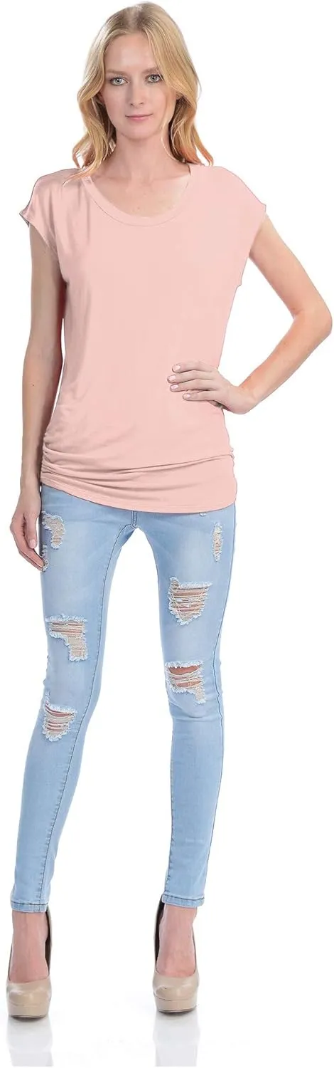 KOGMO Womens Short Sleeve Solid Basic Tunic Top Tee with Side Shirring