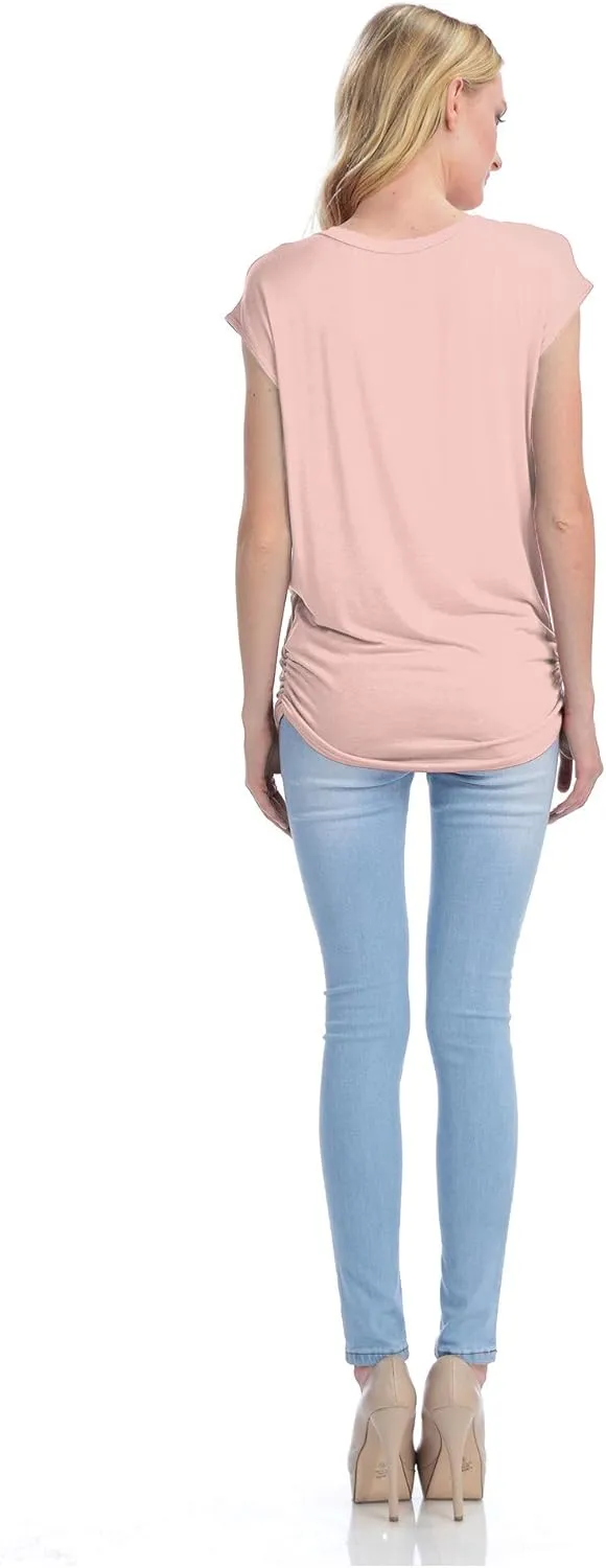 KOGMO Womens Short Sleeve Solid Basic Tunic Top Tee with Side Shirring
