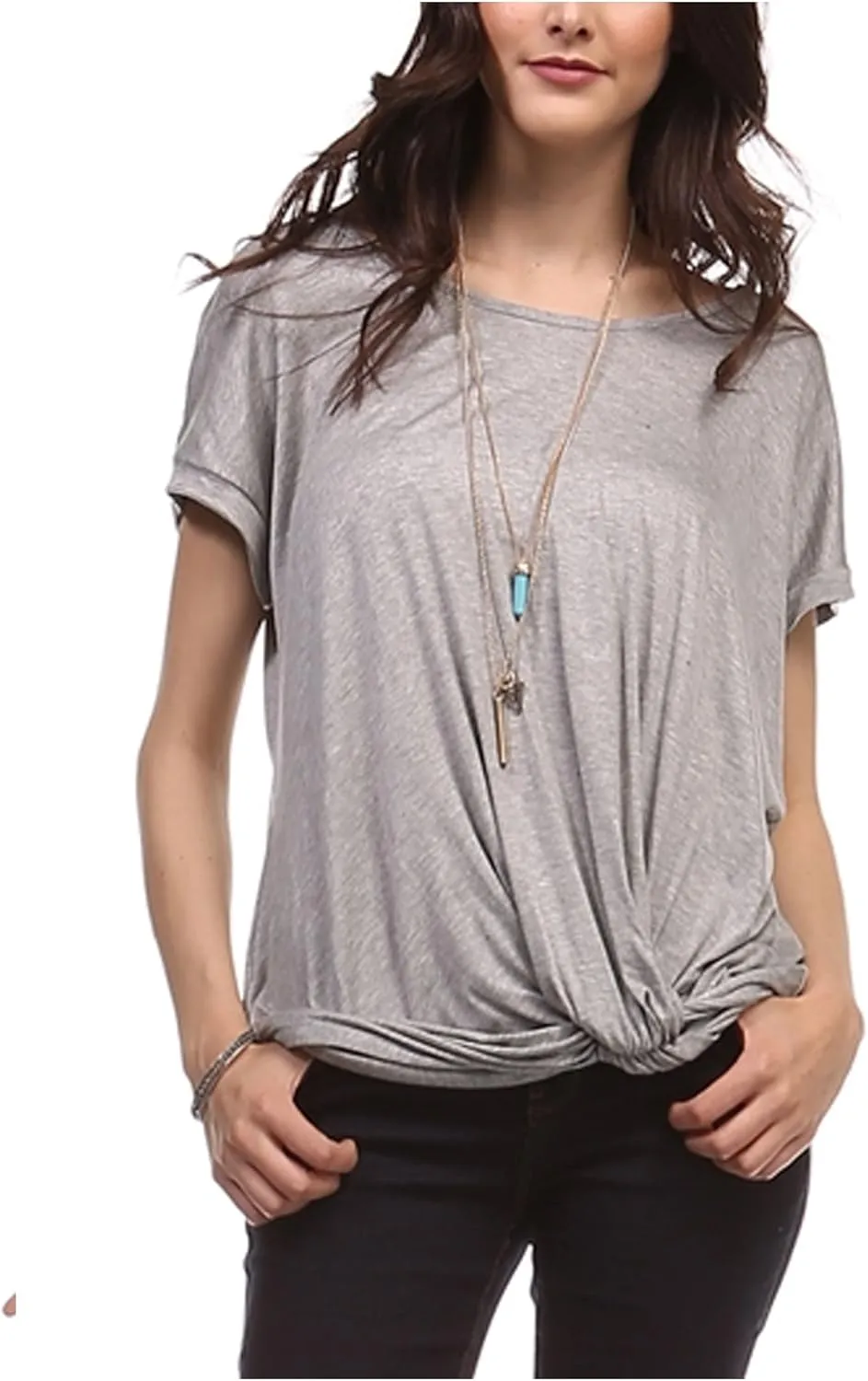 KOGMO Womens Solid Basic Boatneck Dolman Top with Knot on Hemline