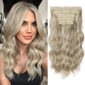 KooKaStyle Clip in Hair Extensions 6PCS Short Synthetic Hair Extensions Soft Wavy Hairpieces for Women 14Inch(Ash Brown mix Platinum Blonde)