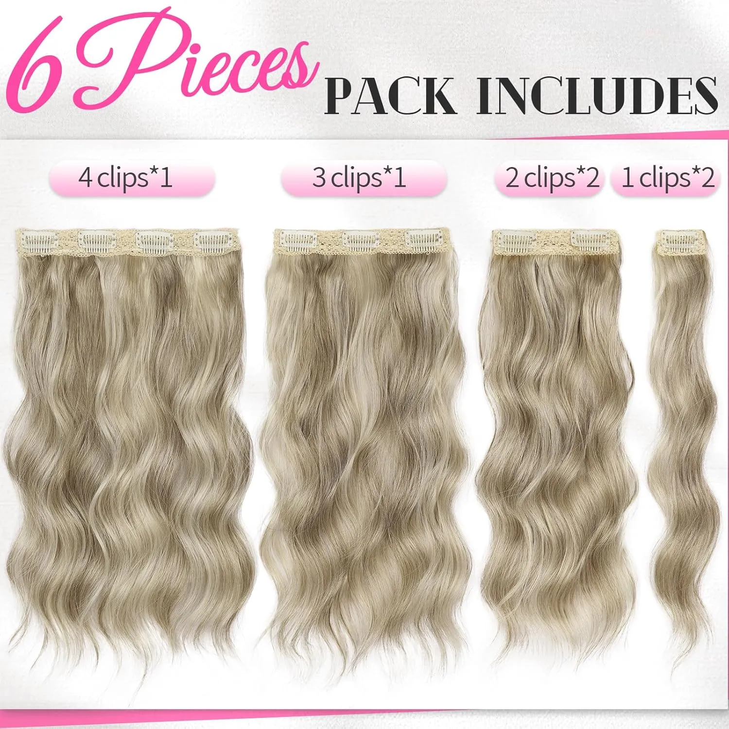 KooKaStyle Clip in Hair Extensions 6PCS Short Synthetic Hair Extensions Soft Wavy Hairpieces for Women 14Inch(Ash Brown mix Platinum Blonde)