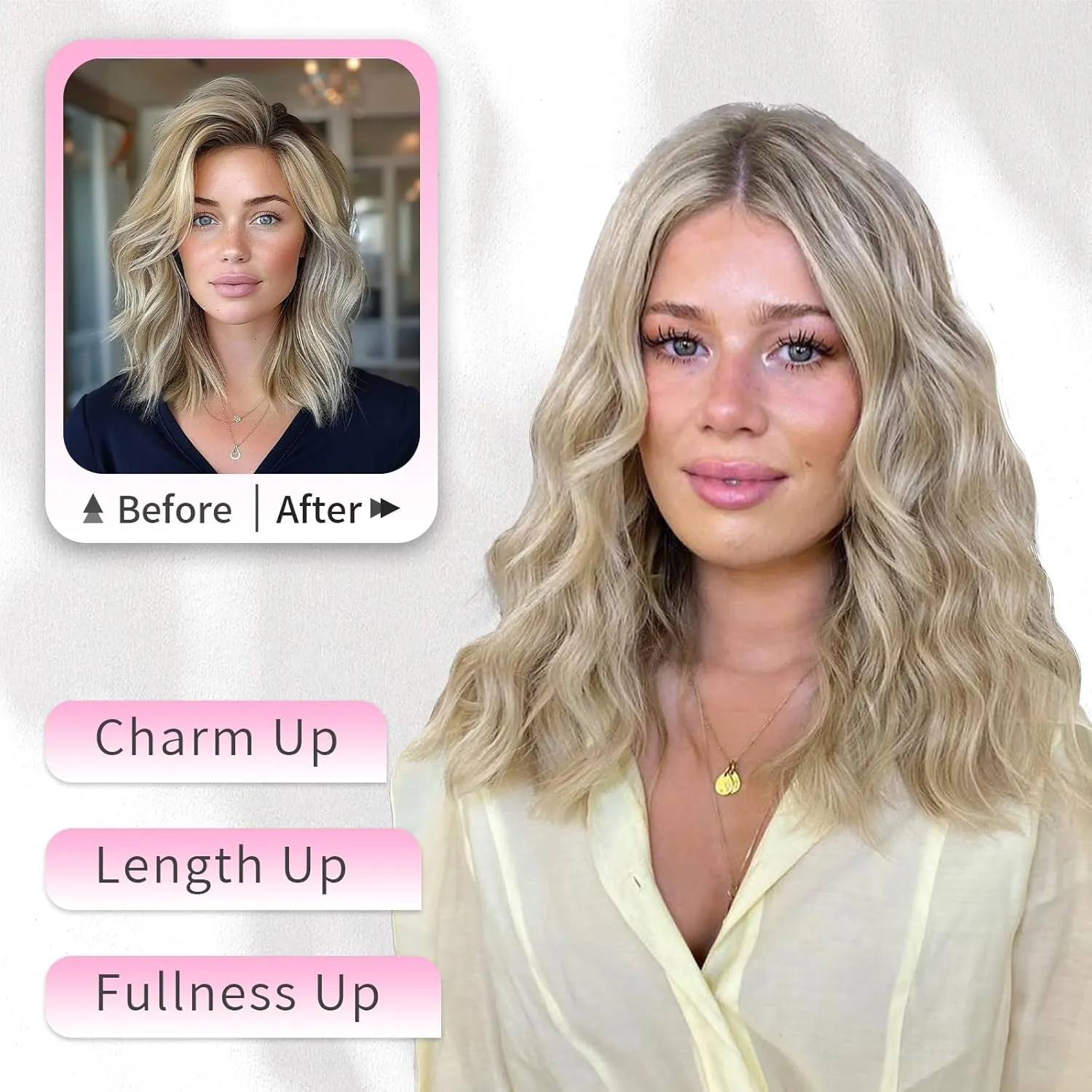 KooKaStyle Clip in Hair Extensions 6PCS Short Synthetic Hair Extensions Soft Wavy Hairpieces for Women 14Inch(Ash Brown mix Platinum Blonde)