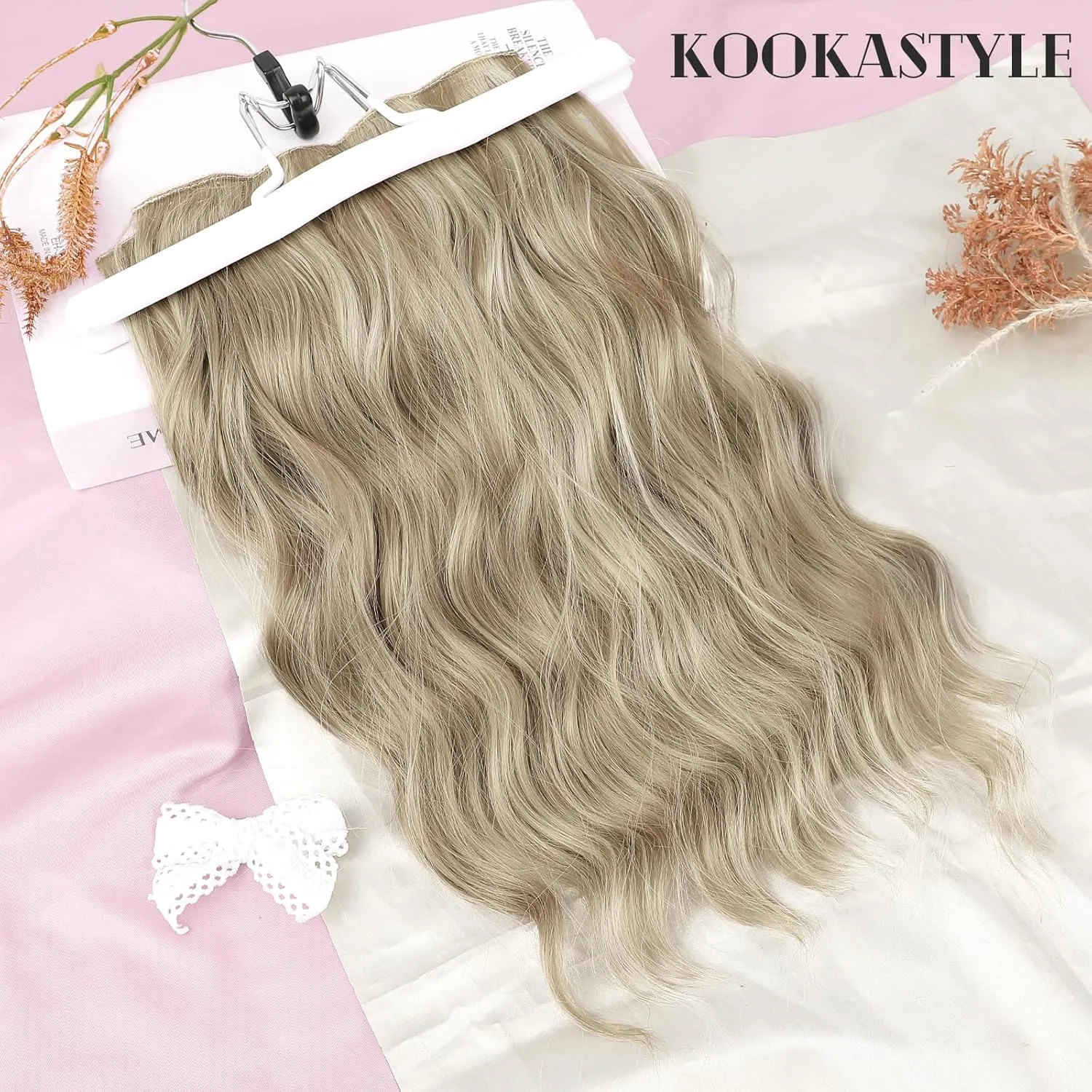 KooKaStyle Clip in Hair Extensions 6PCS Short Synthetic Hair Extensions Soft Wavy Hairpieces for Women 14Inch(Ash Brown mix Platinum Blonde)