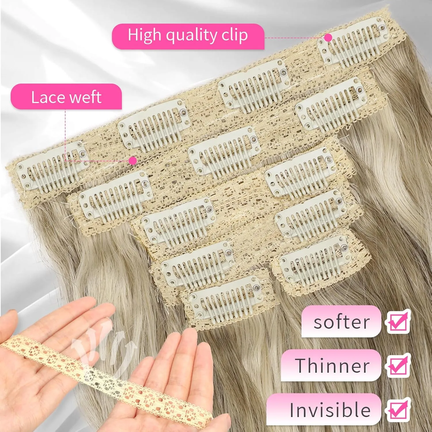 KooKaStyle Clip in Hair Extensions 6PCS Short Synthetic Hair Extensions Soft Wavy Hairpieces for Women 14Inch(Ash Brown mix Platinum Blonde)