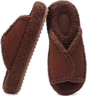 KUAILU Women Cozy Slippers Comfortable Suede Faux Fluff Warm Sherpa Lining House slippers for ladies Bedroom Memory Foam Cushioned Orthotic Open Toe Slides Thick Hard Sole Indoor&Outdoor (US Size 5-11)