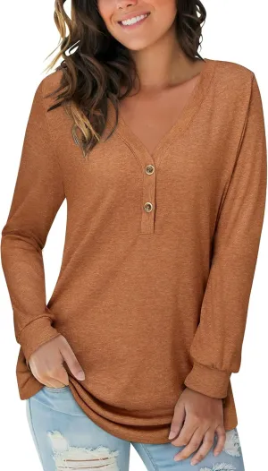 LAISHEN Women's V Neck Summer Tops Casual Henley Button Down T Shirts Tunic 2024