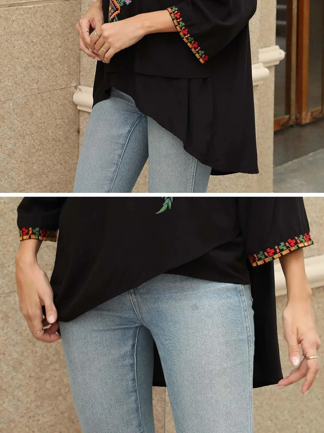 LauraKlein Women's Boho Embroidered Peasant Tops 3/4 Sleeve V Neck Mexican Bohemian Shirts Tunics Blouses