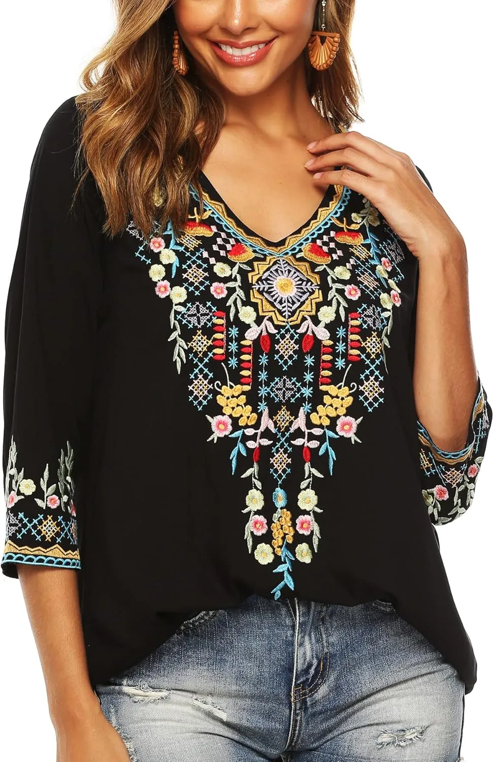 LauraKlein Women's Boho Embroidered Peasant Tops 3/4 Sleeve V Neck Mexican Bohemian Shirts Tunics Blouses