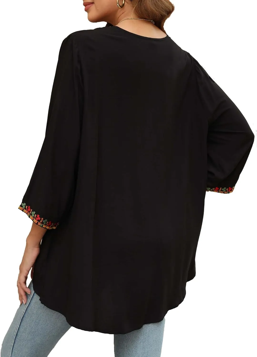 LauraKlein Women's Boho Embroidered Peasant Tops 3/4 Sleeve V Neck Mexican Bohemian Shirts Tunics Blouses