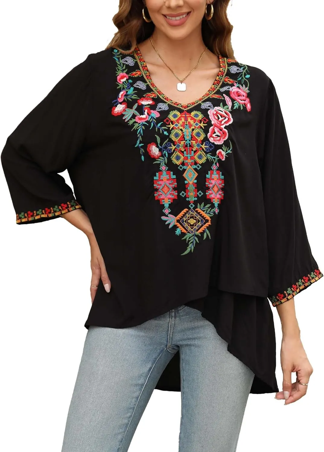 LauraKlein Women's Boho Embroidered Peasant Tops 3/4 Sleeve V Neck Mexican Bohemian Shirts Tunics Blouses