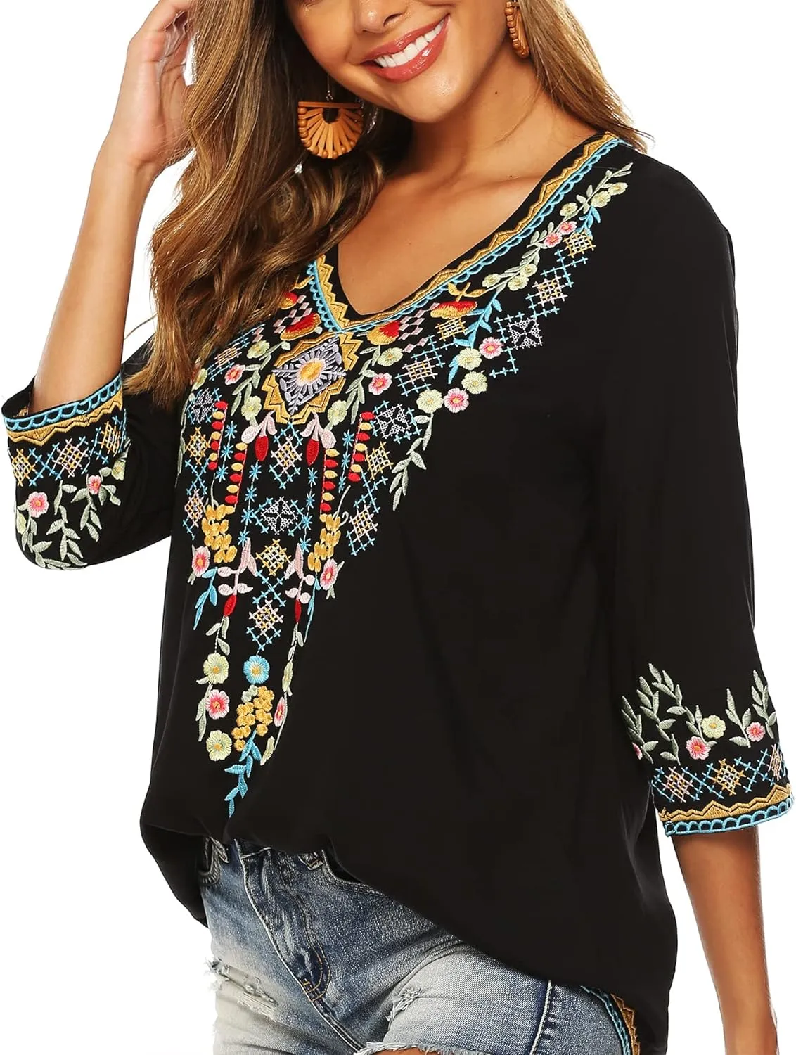 LauraKlein Women's Boho Embroidered Peasant Tops 3/4 Sleeve V Neck Mexican Bohemian Shirts Tunics Blouses
