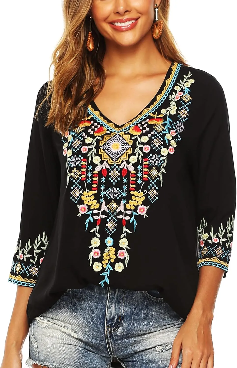 LauraKlein Women's Boho Embroidered Peasant Tops 3/4 Sleeve V Neck Mexican Bohemian Shirts Tunics Blouses