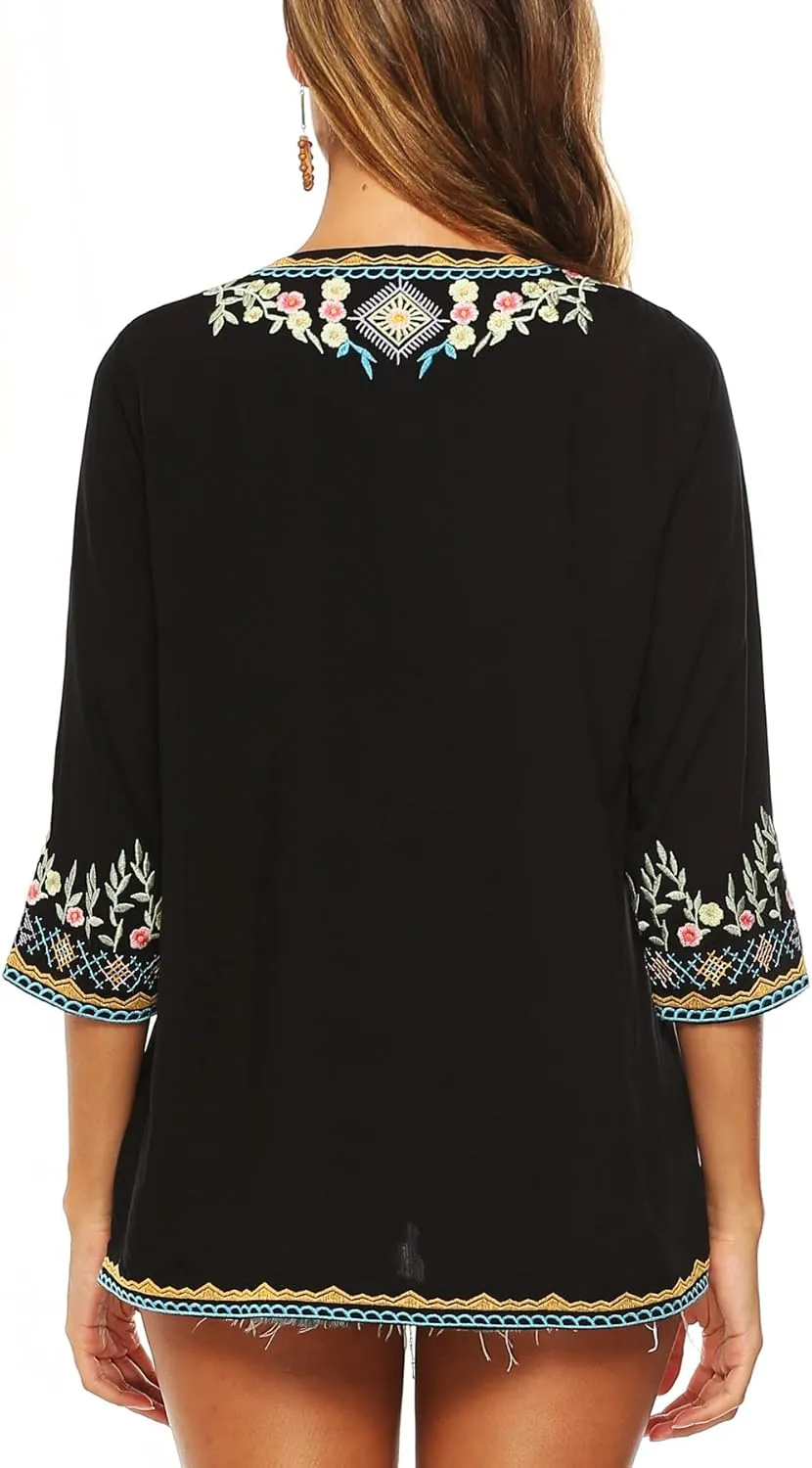 LauraKlein Women's Boho Embroidered Peasant Tops 3/4 Sleeve V Neck Mexican Bohemian Shirts Tunics Blouses