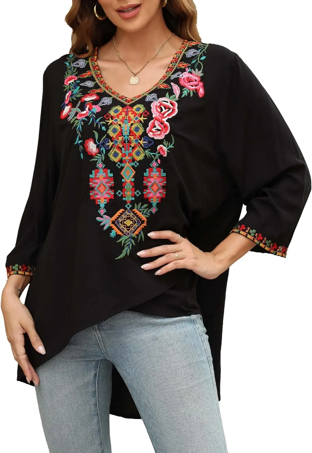 LauraKlein Women's Boho Embroidered Peasant Tops 3/4 Sleeve V Neck Mexican Bohemian Shirts Tunics Blouses