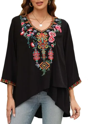 LauraKlein Women's Boho Embroidered Peasant Tops 3/4 Sleeve V Neck Mexican Bohemian Shirts Tunics Blouses