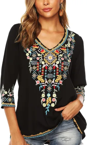 LauraKlein Women's Boho Embroidered Peasant Tops 3/4 Sleeve V Neck Mexican Bohemian Shirts Tunics Blouses