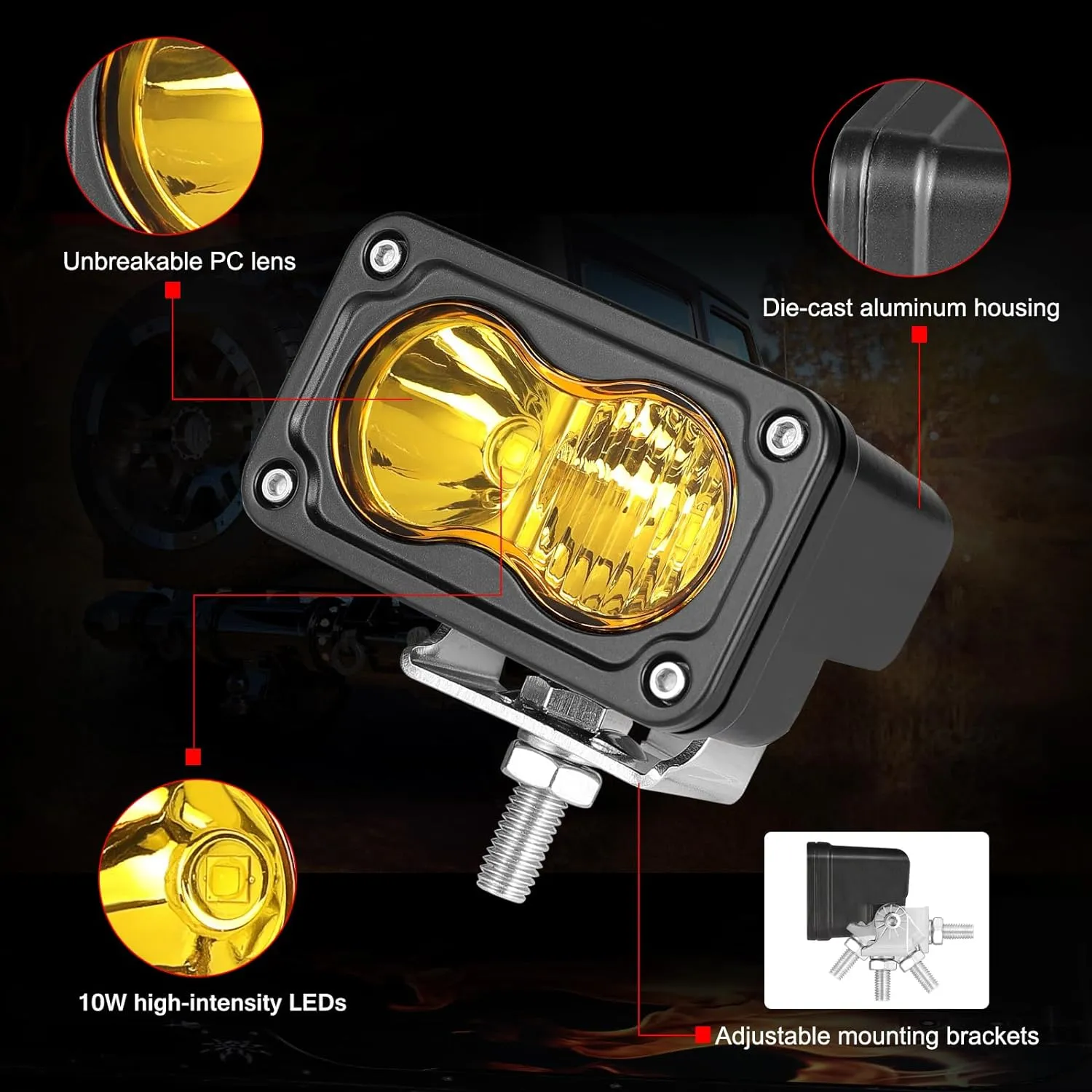 LED Pods Amber, 2Pcs 40W 3 Inch Driving Light Pod Yellow Off Road Bumper Lights Super Bright LED Work Light Cube Waterproof Combo Fog Light for Truck ATV UTV SUV Motorcycle Boat