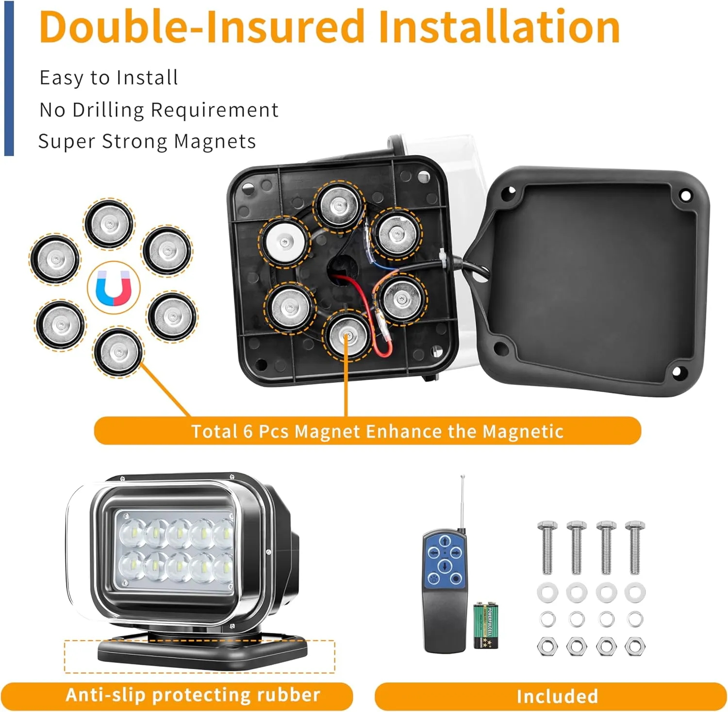 LED Spotlight for Truck, Remote Control LED Search Light 50W 5000lm Boat Hunting Marine Searching 360 Rotating, Searchlight Spot Beam Light 12V 24V 【6 Strong Magnets Built-in】