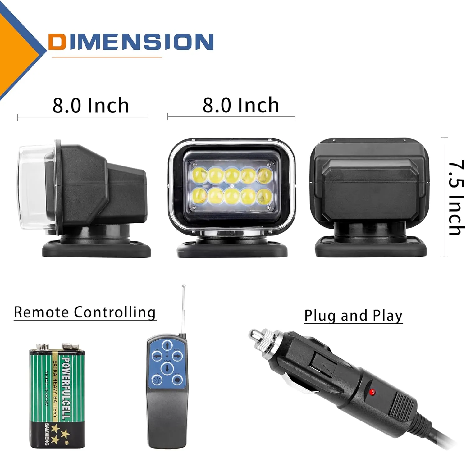 LED Spotlight for Truck, Remote Control LED Search Light 50W 5000lm Boat Hunting Marine Searching 360 Rotating, Searchlight Spot Beam Light 12V 24V 【6 Strong Magnets Built-in】