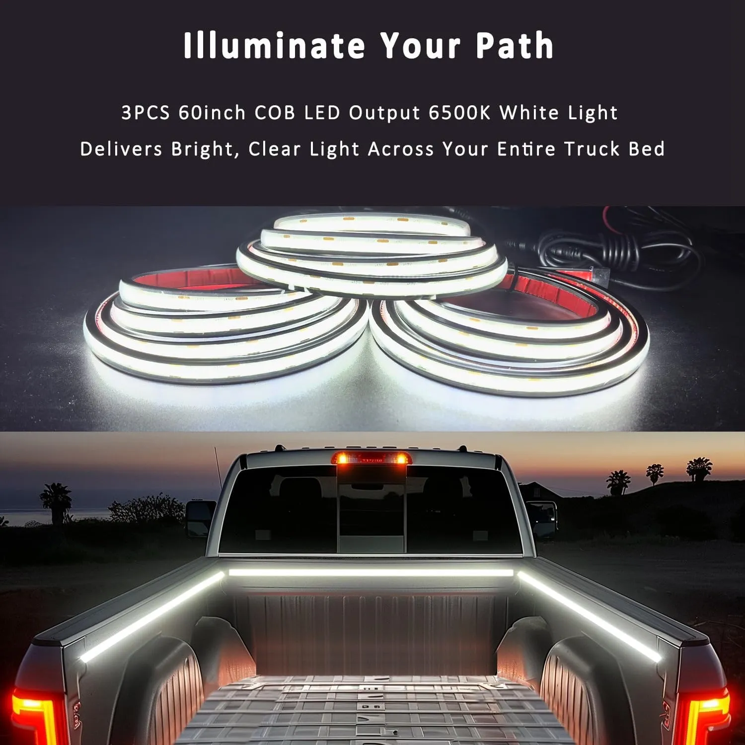 LED Truck Bed Lights, 3Pcs 60Inch 12V 6500K White COB Waterproof Lights Strip with Switch Blade Fuse Splitter, Cool Accessories for Pickup Truck Camper Van SUV RV Boat