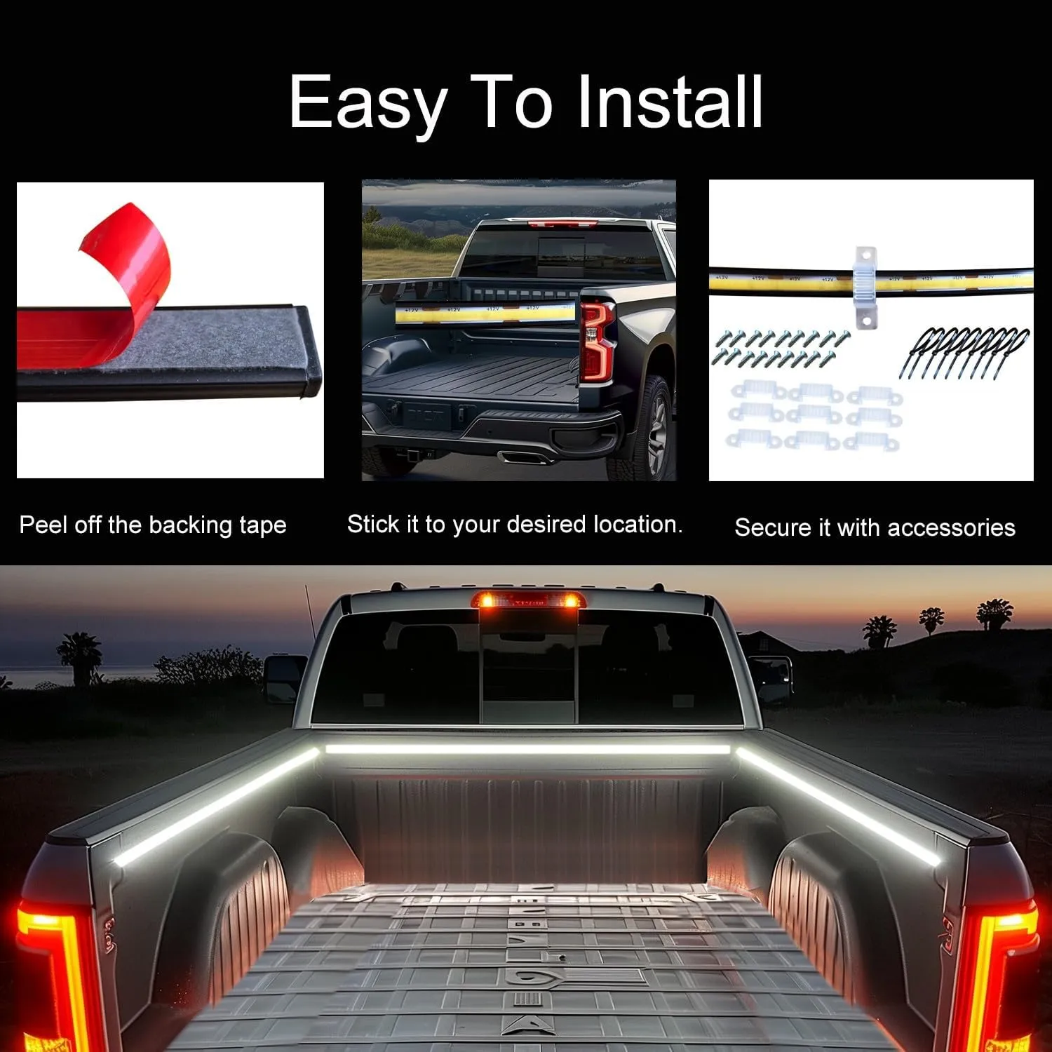 LED Truck Bed Lights, 3Pcs 60Inch 12V 6500K White COB Waterproof Lights Strip with Switch Blade Fuse Splitter, Cool Accessories for Pickup Truck Camper Van SUV RV Boat