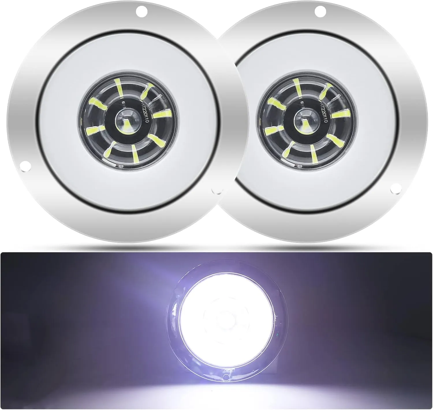 LED Truck Tail Lights, 24-LED Flush Mount Round Brake Stop Running Lights with Chrome for Truck Trailer Camper Van RV Boat, 2PCS(White)