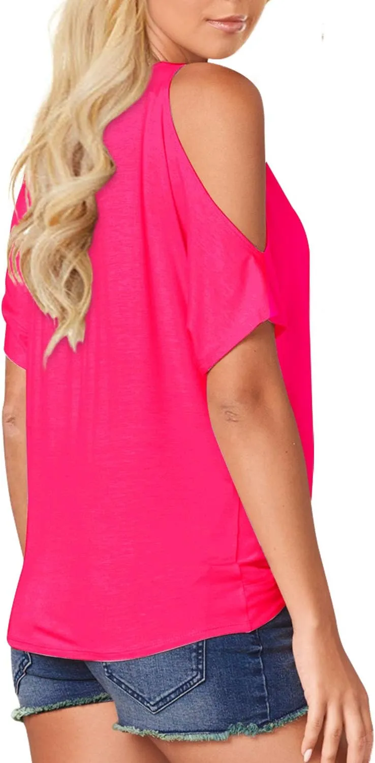 LEIYEE Womens Summer Cold Shoulder Tops Short Sleeve Front Twist Knot V Neck T Shirts Draped Blouses
