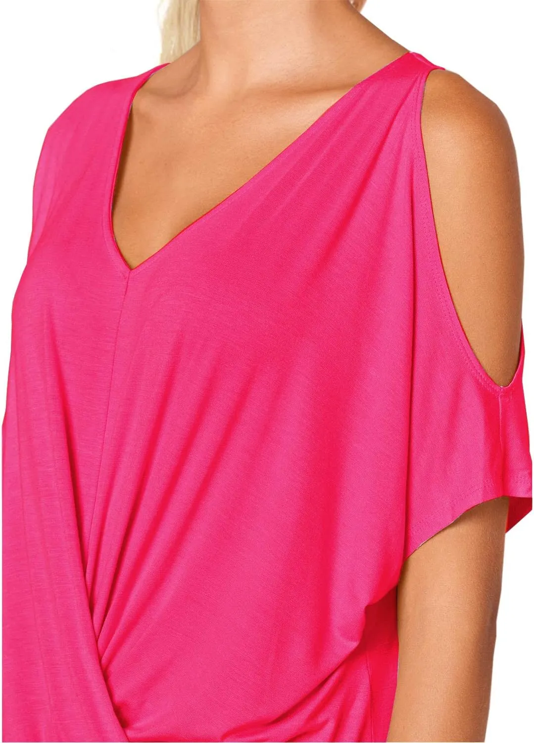 LEIYEE Womens Summer Cold Shoulder Tops Short Sleeve Front Twist Knot V Neck T Shirts Draped Blouses