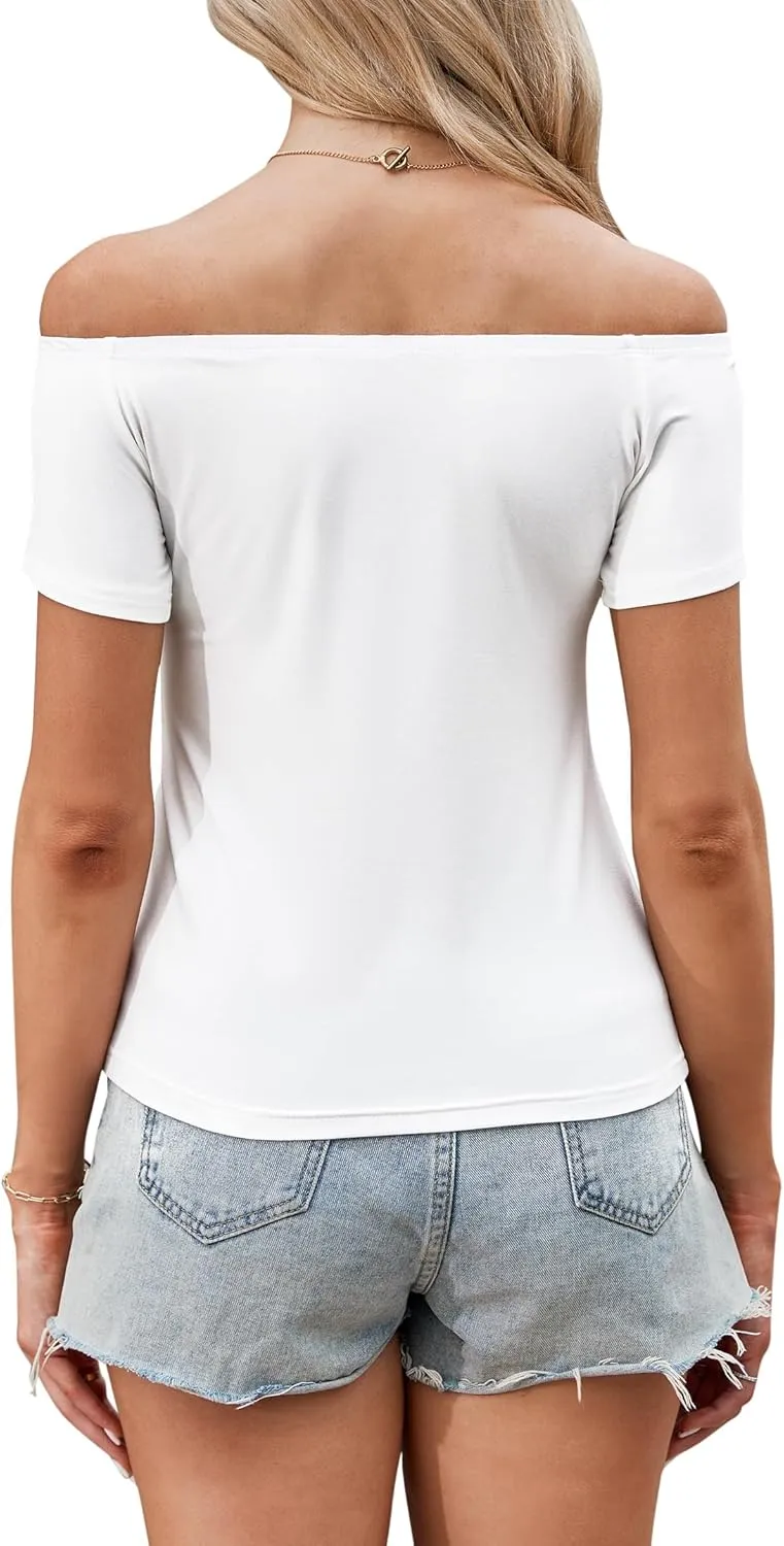 LilyCoco Striped Off The Shoulder Tops for Women Short Sleeve Sexy Fitted Pirate Shirt