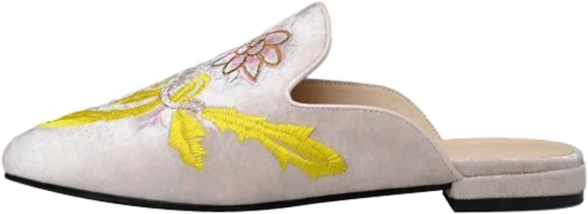 Loafers for Women, Womens Embroidery Mule Shoes Velvet Backless Slip On Loafers Pointed Toe Flat Mule Slides
