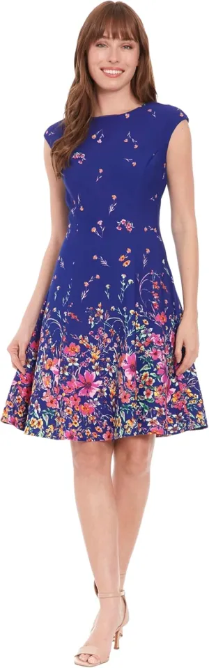 London Times Women's Cap Sleeve Fit and Flare