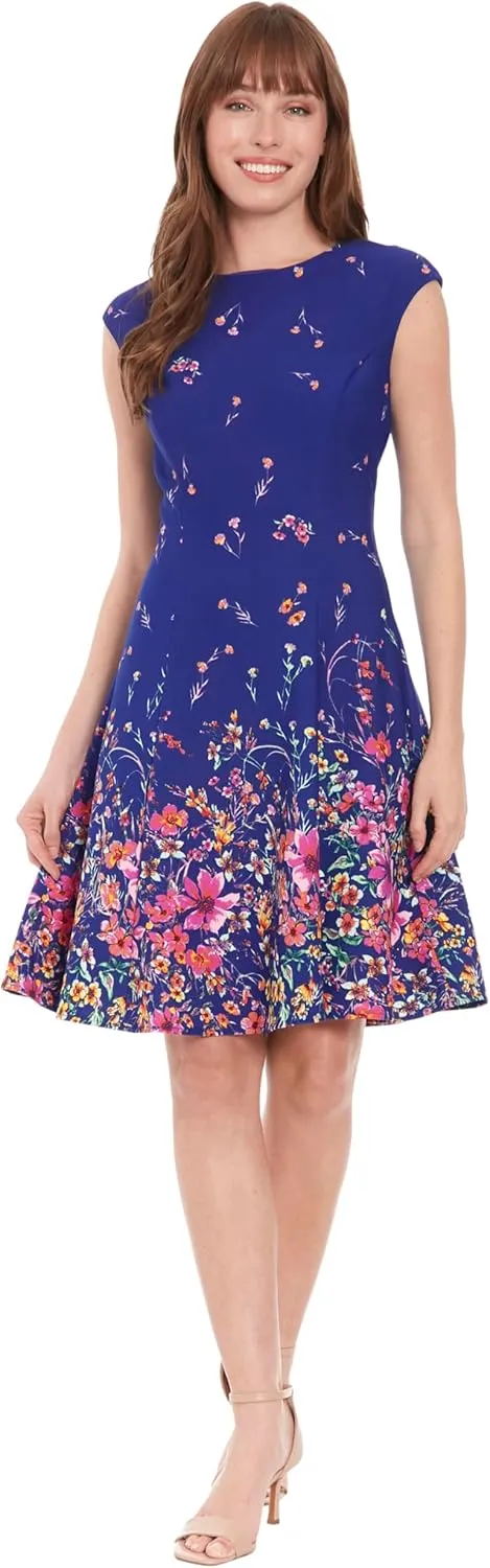 London Times Women's Cap Sleeve Fit and Flare