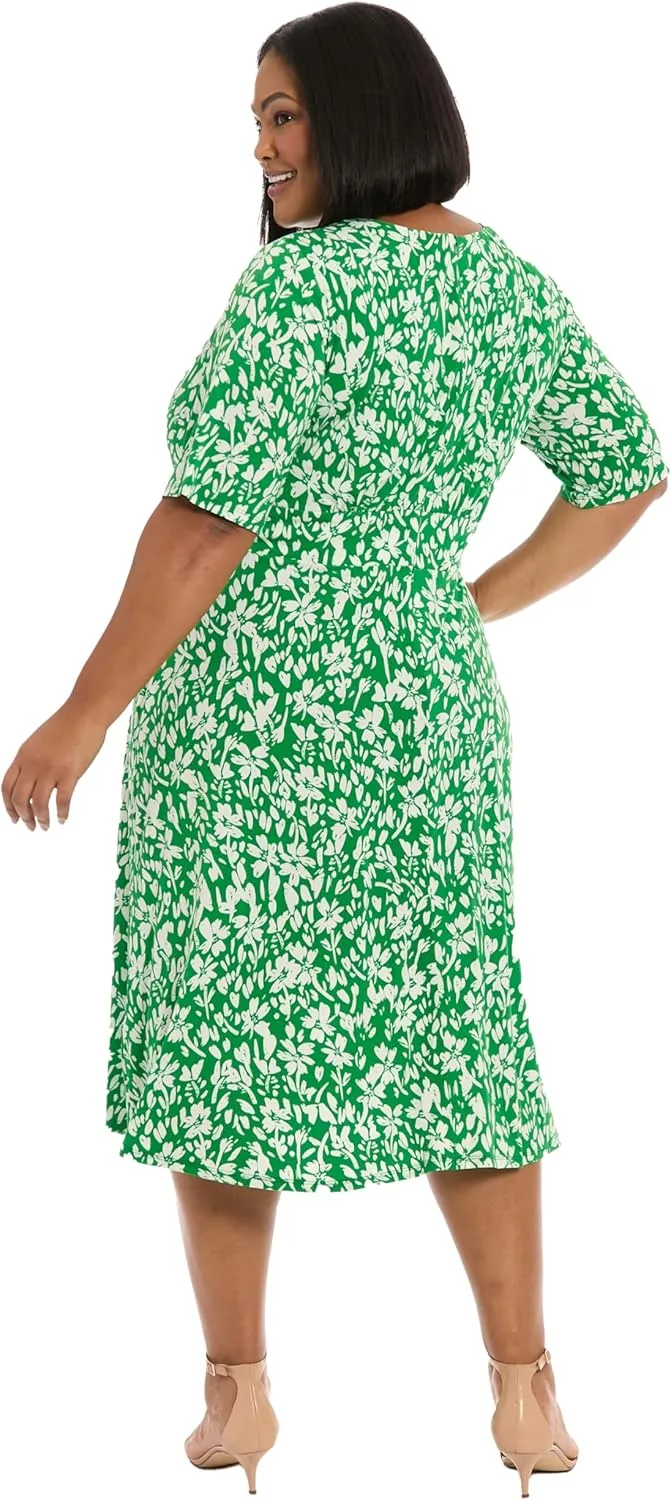 London Times Women's Inset Waist Midi Short Sleeve