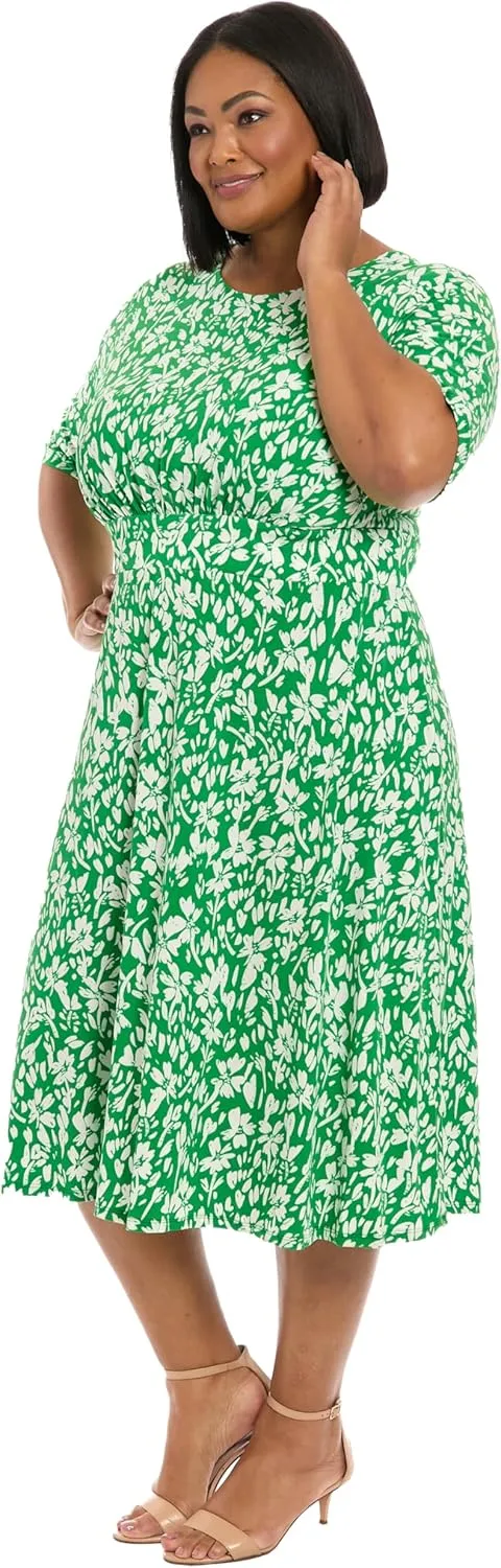 London Times Women's Inset Waist Midi Short Sleeve