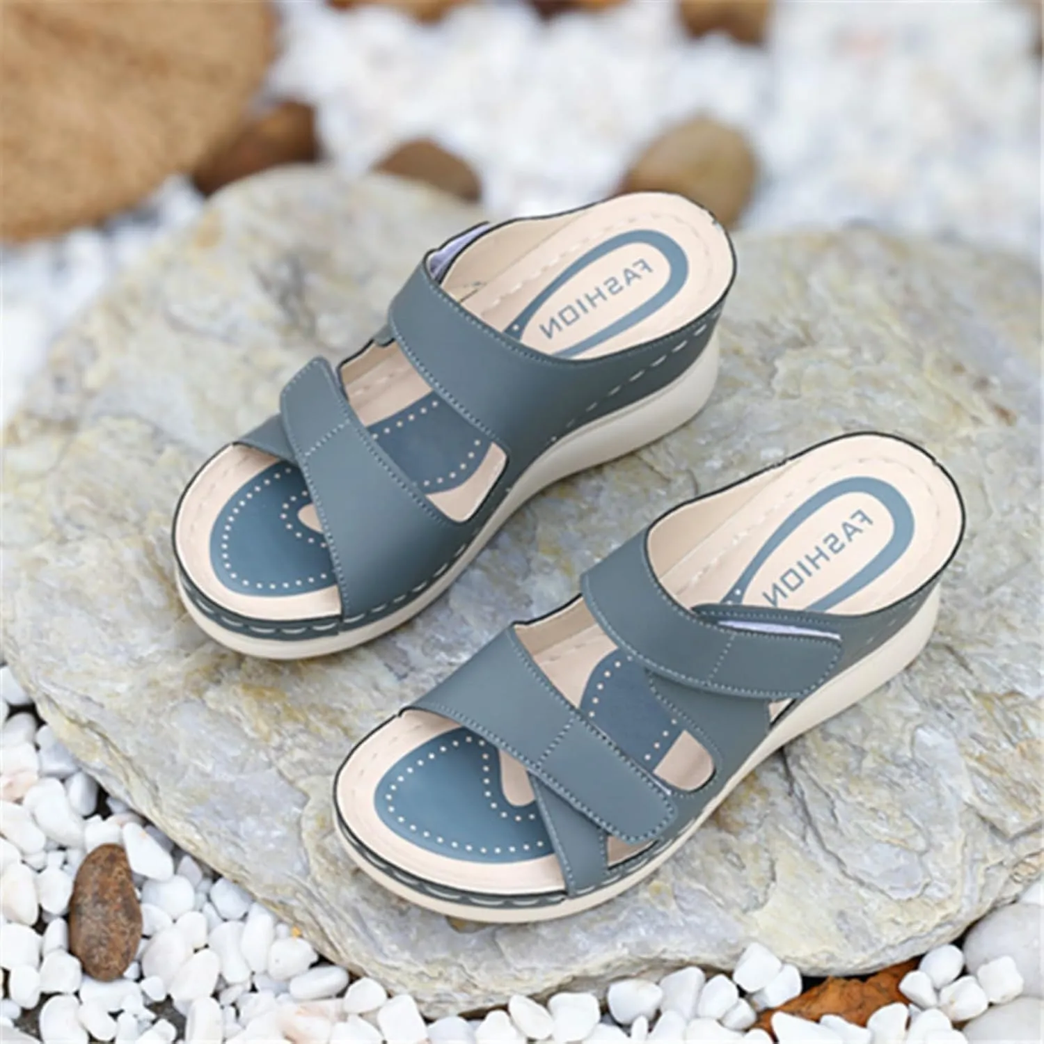 Low Wedges Heels for Women Summer Dressy Sandals Soft Leather Sandal, Rubber Sole, Comfortable Walking, Casual Slip on Shoes