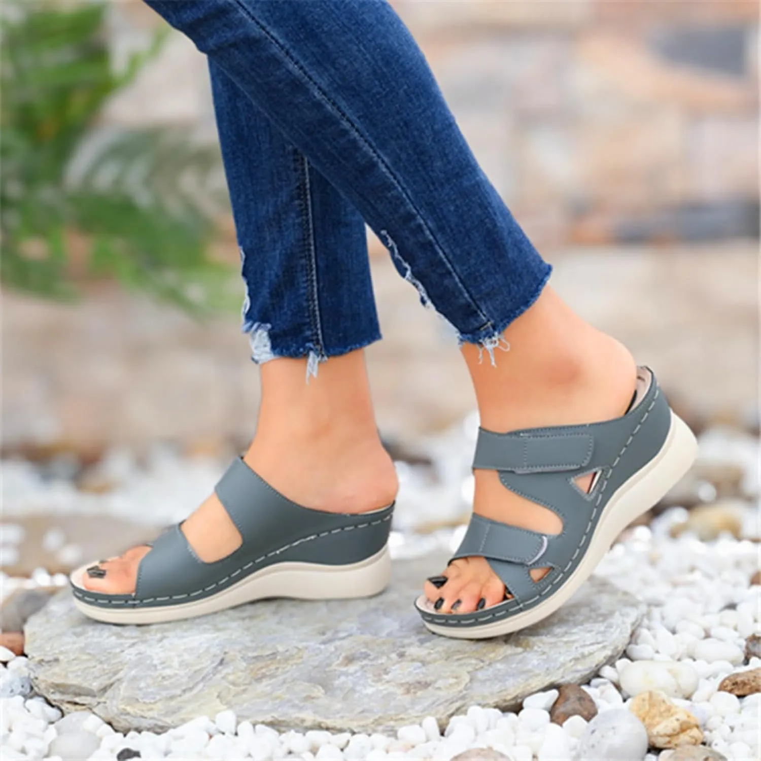 Low Wedges Heels for Women Summer Dressy Sandals Soft Leather Sandal, Rubber Sole, Comfortable Walking, Casual Slip on Shoes