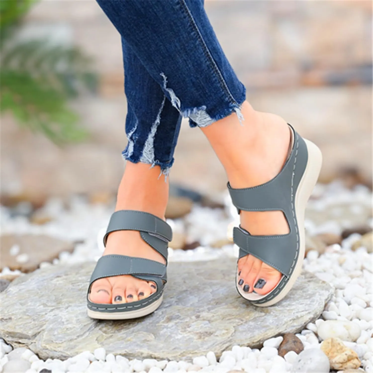 Low Wedges Heels for Women Summer Dressy Sandals Soft Leather Sandal, Rubber Sole, Comfortable Walking, Casual Slip on Shoes
