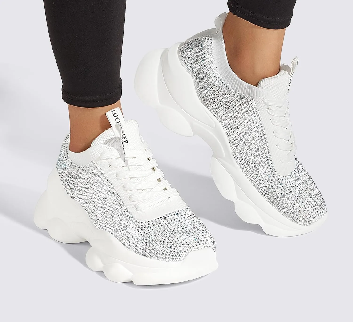 LUCKY STEP Women's Chunky Rhinestone Sneaker Sparkly Bling Bedazzled Mesh Slip on Elastic Sock Glitter Shiny Rave Walking Shoes