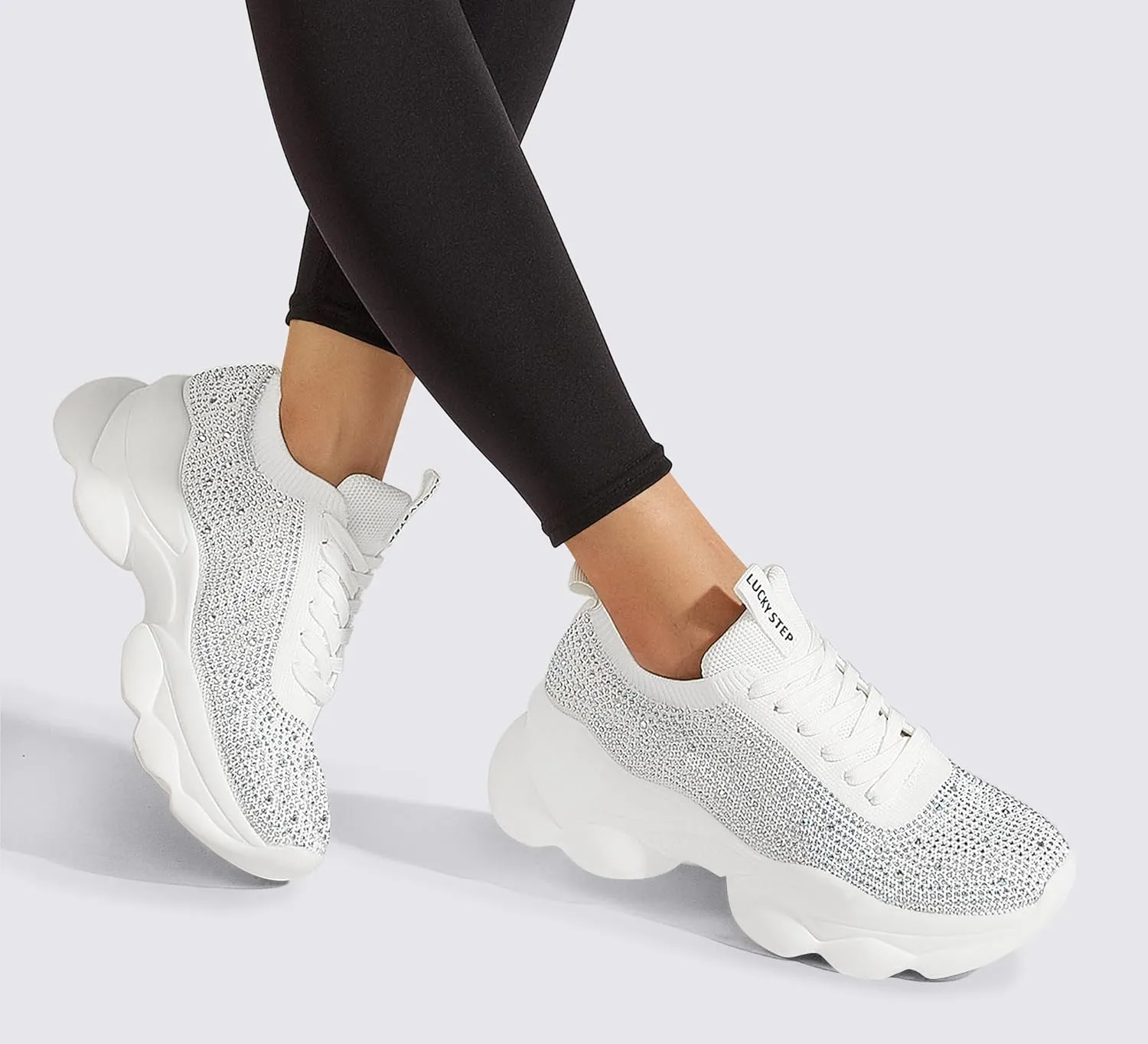 LUCKY STEP Women's Chunky Rhinestone Sneaker Sparkly Bling Bedazzled Mesh Slip on Elastic Sock Glitter Shiny Rave Walking Shoes