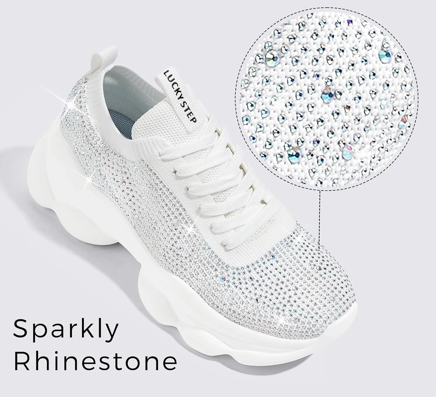 LUCKY STEP Women's Chunky Rhinestone Sneaker Sparkly Bling Bedazzled Mesh Slip on Elastic Sock Glitter Shiny Rave Walking Shoes