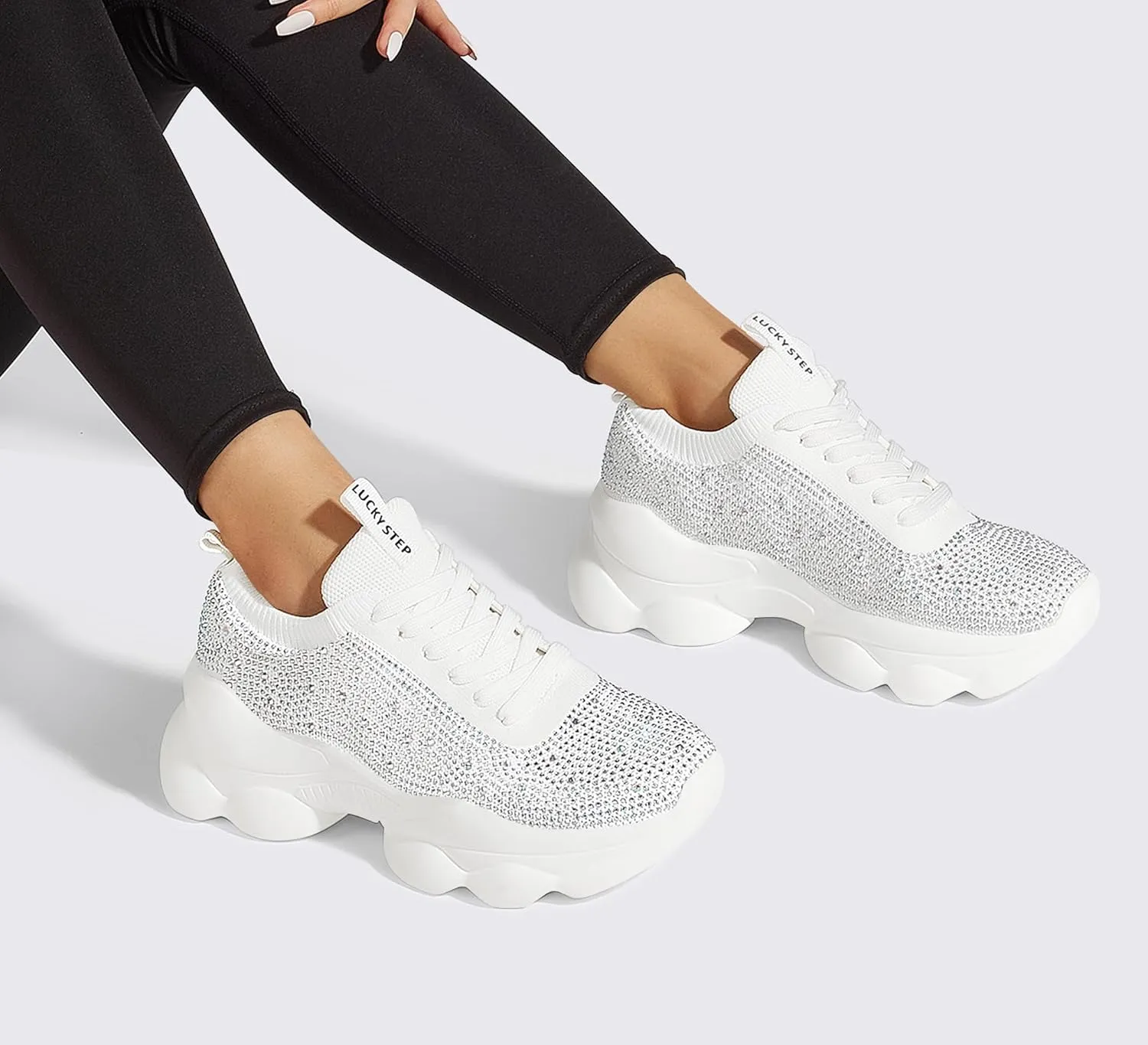 LUCKY STEP Women's Chunky Rhinestone Sneaker Sparkly Bling Bedazzled Mesh Slip on Elastic Sock Glitter Shiny Rave Walking Shoes