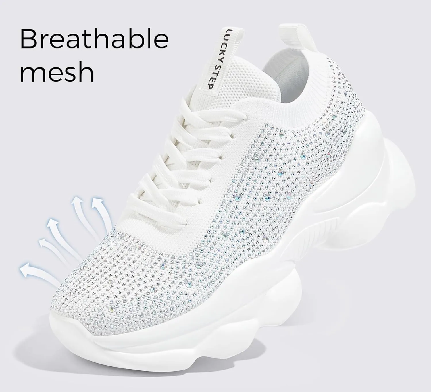 LUCKY STEP Women's Chunky Rhinestone Sneaker Sparkly Bling Bedazzled Mesh Slip on Elastic Sock Glitter Shiny Rave Walking Shoes